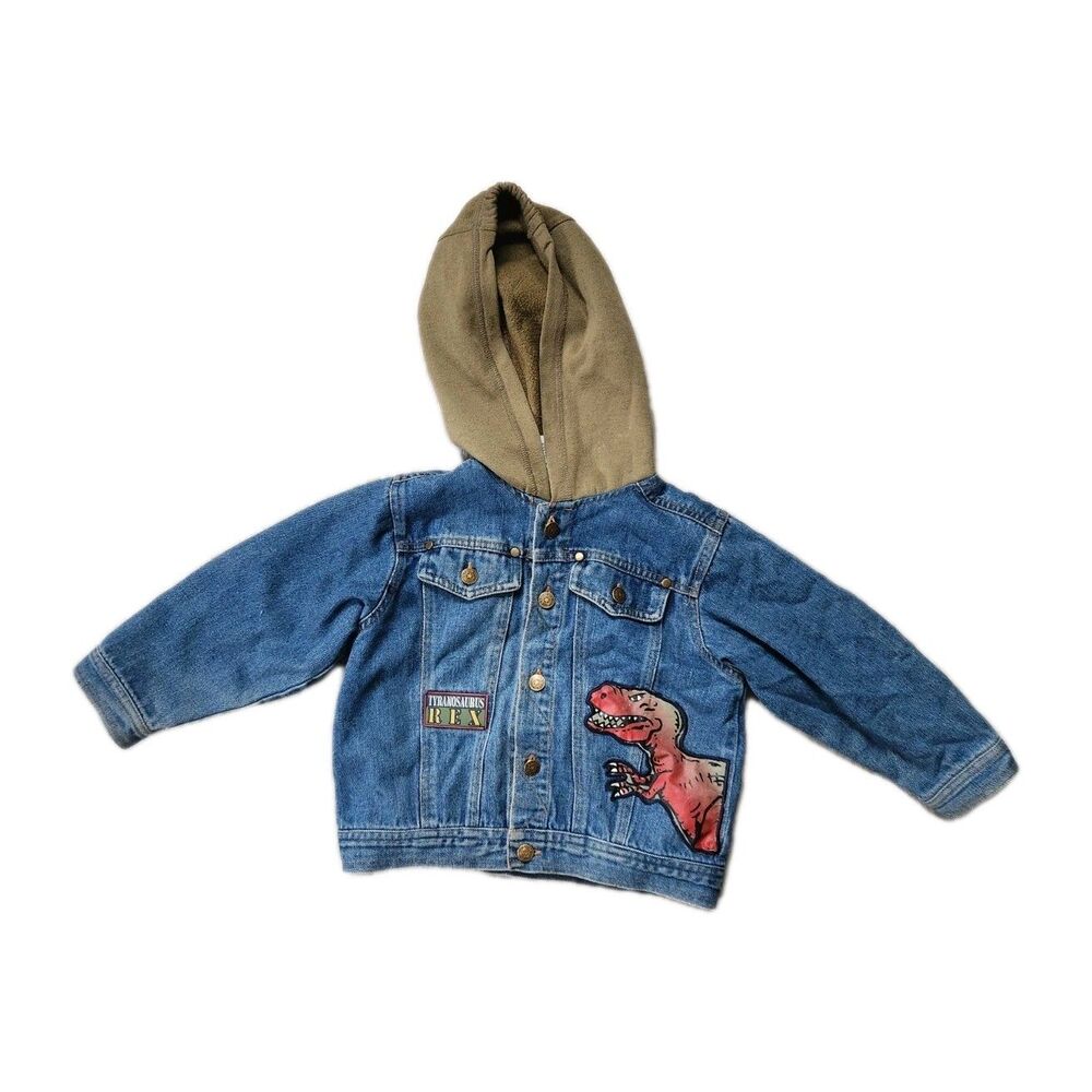 VTG Little Rebels Kids Denim Jacket 4T Hooded T-Rex Dinosaur Patch Button GUC